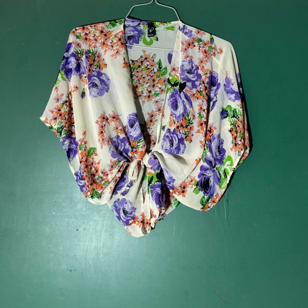 Windsor Floral Swim Cover Up White Purple Orange Kimono Wrap Medium